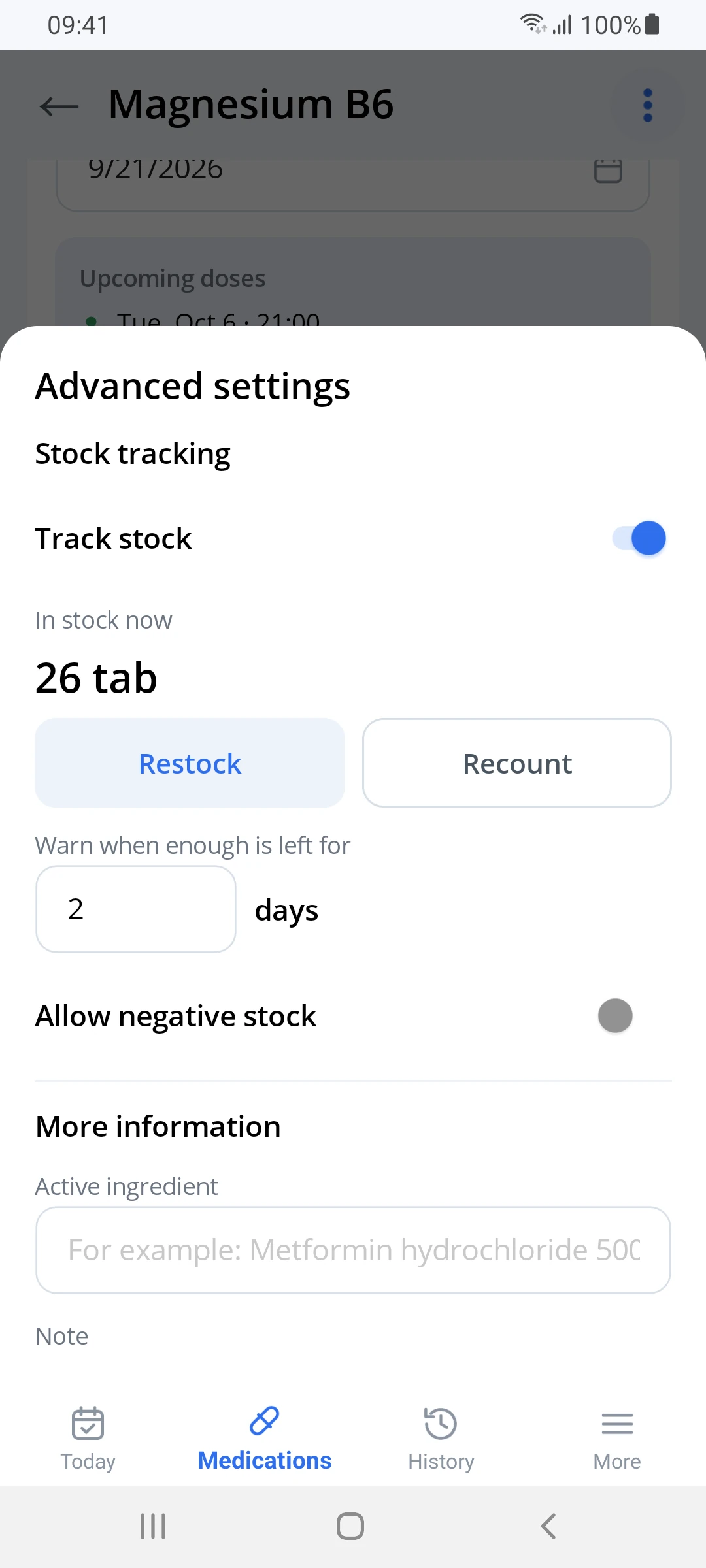 Supply tracking: 26 tab in stock, Restock and Recount buttons, warning 2 days ahead