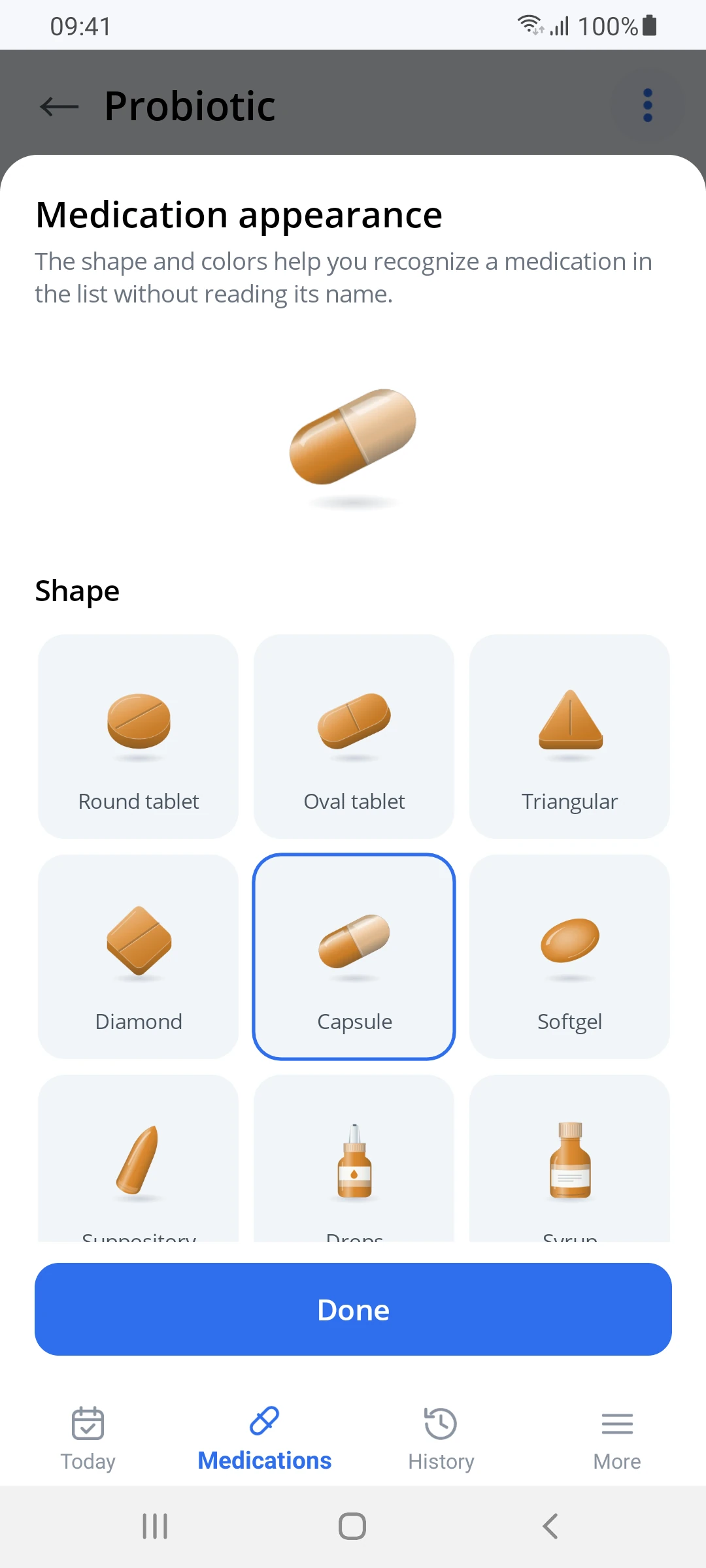 Choosing the medication shape from pictures: a yellow capsule with a white half