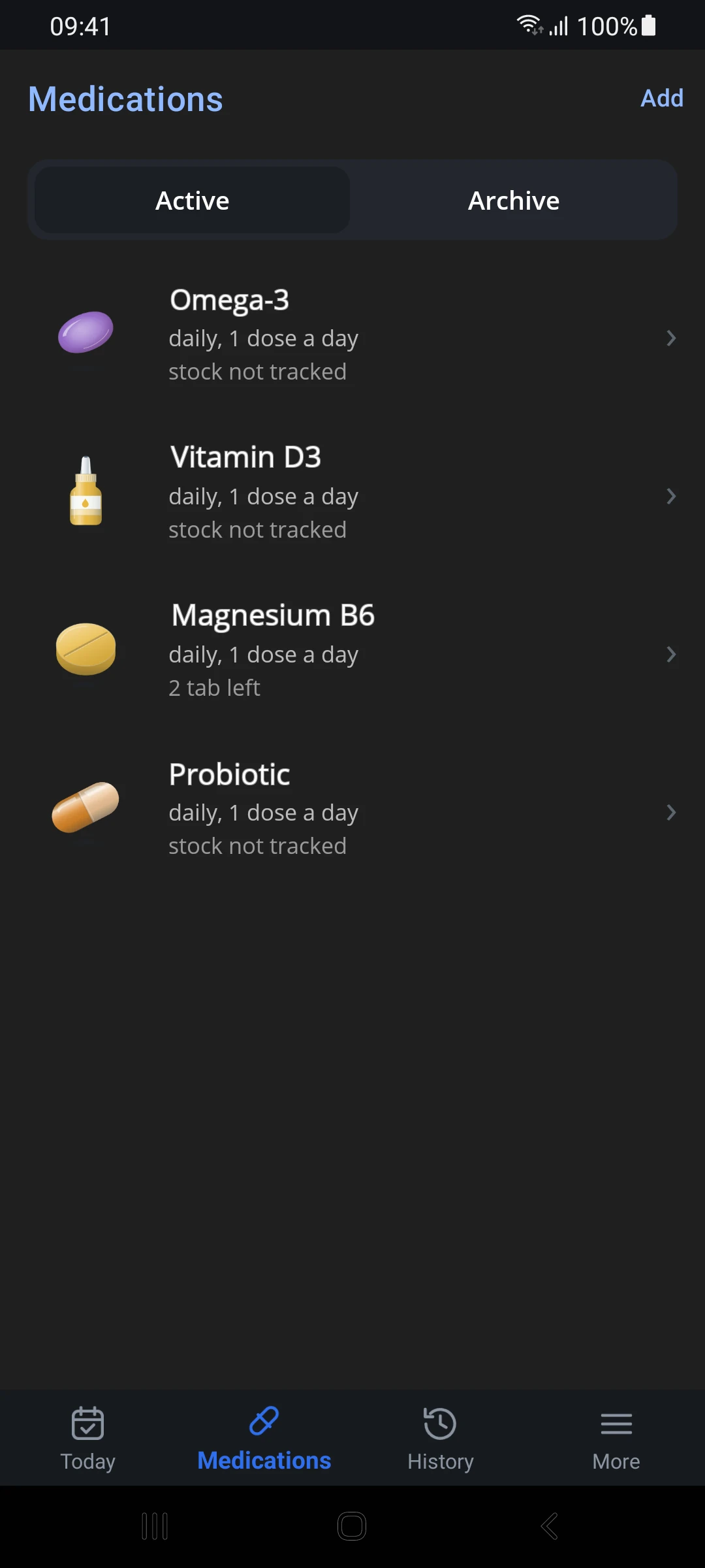 Medication list with icons in dark theme