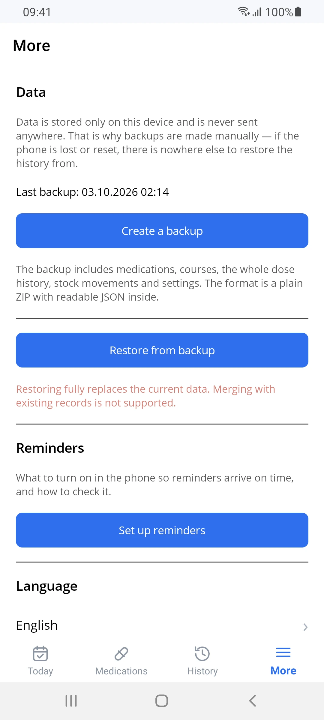 More section: data is stored only on this device, backup