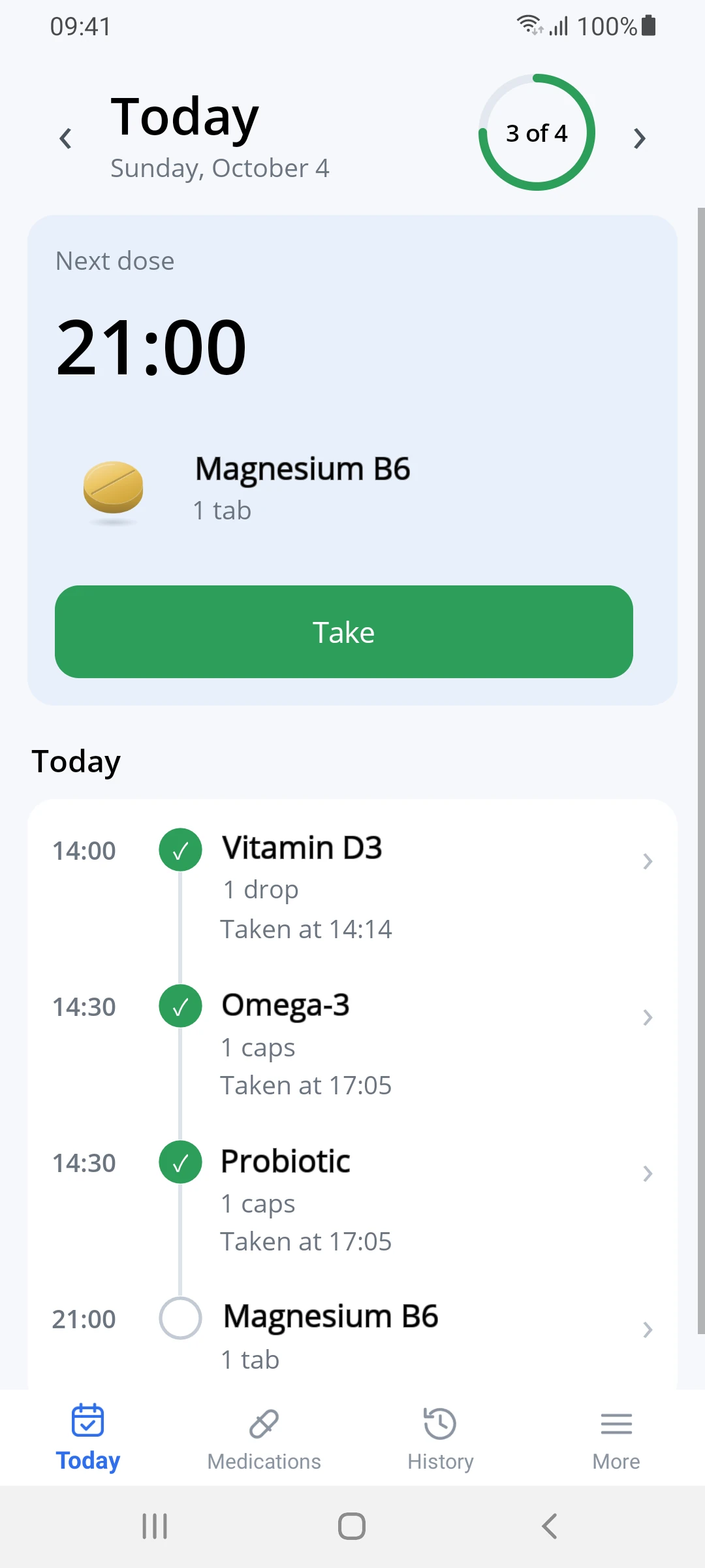 Today screen: next dose at 21:00, 3 of 4 taken