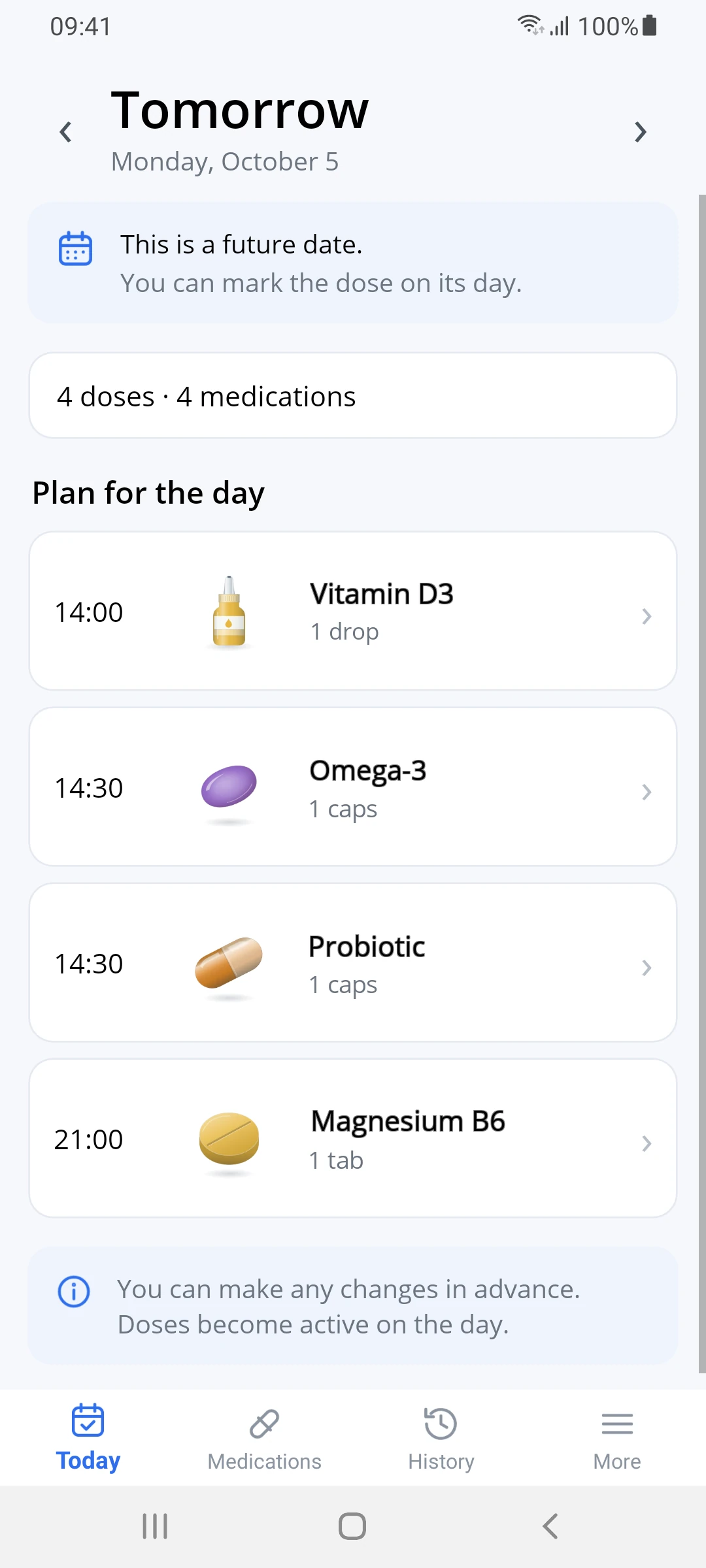 Tomorrow screen: plan for the day, 4 doses